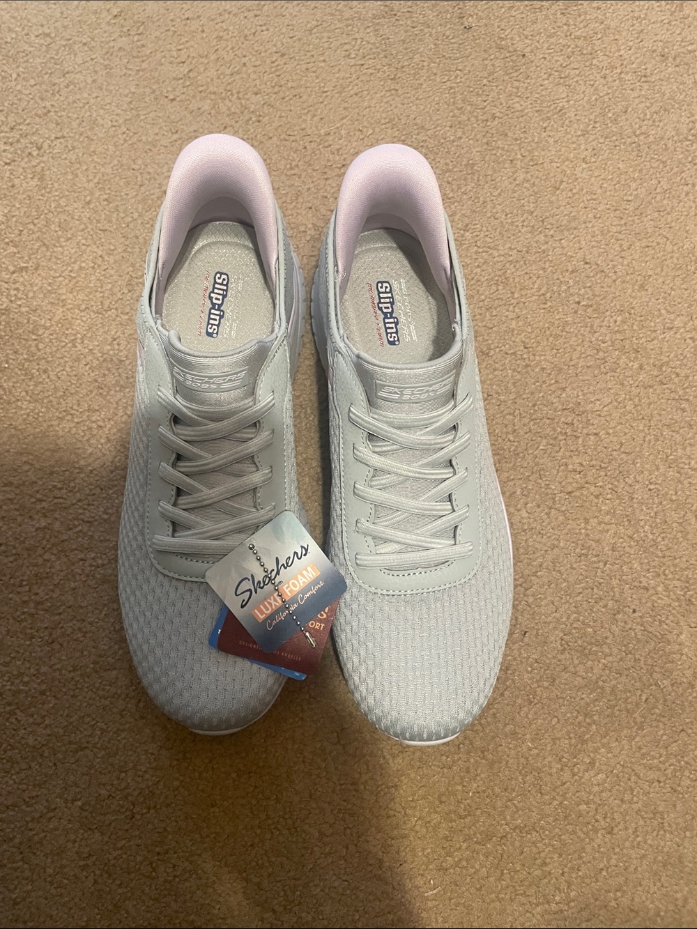 Skechers Women's Light Gray Knit Slip-On Sneakers with Pink Lining 10